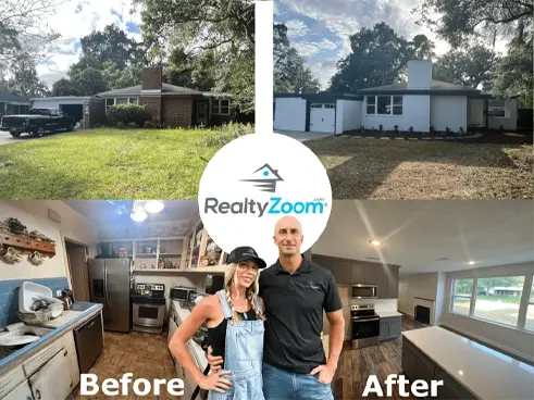 Before and after collage showing a brick house and dated kitchen transformed into a modern home by the A Local Buyer team.