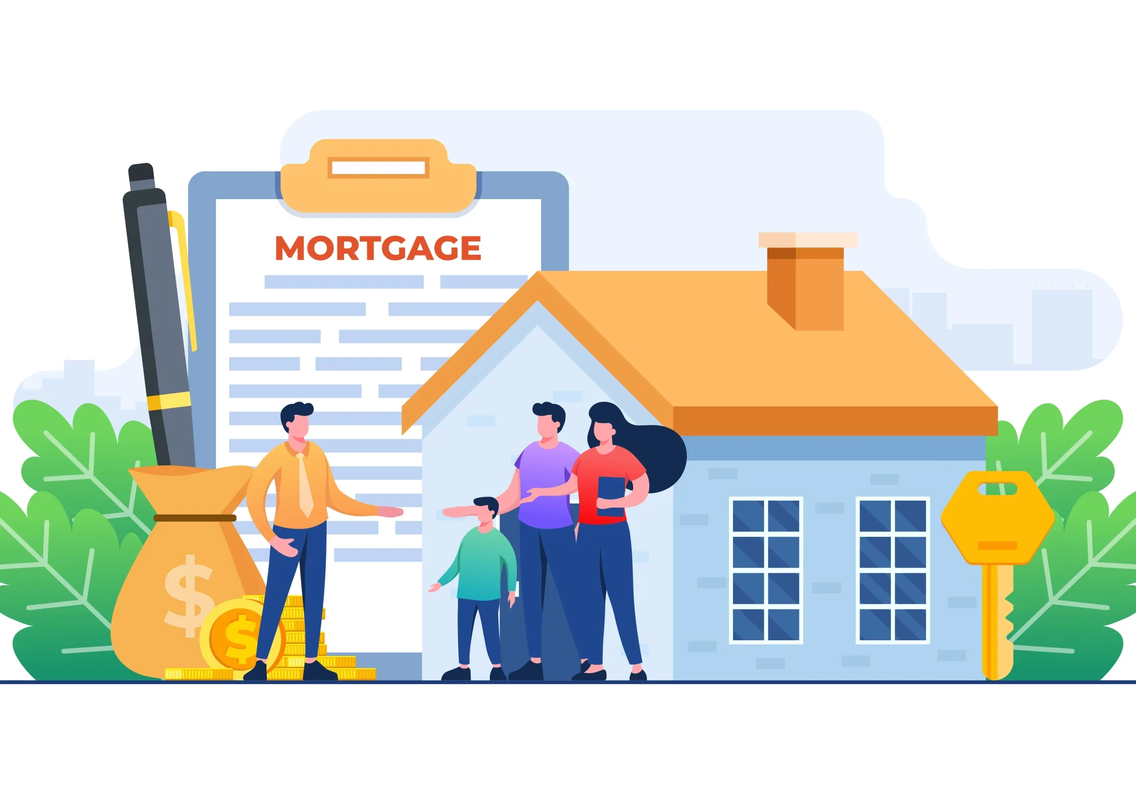 Illustration showing a family, a house, and a mortgage document with a key and gold coins.