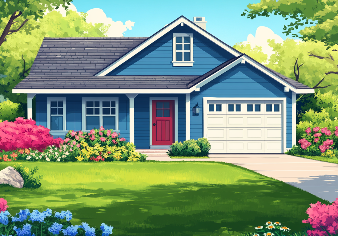 Exterior of a blue single-story ranch home with a concrete driveway and garden landscape.