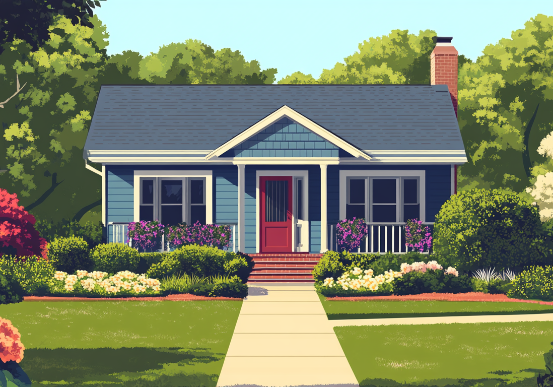 A well-maintained blue cottage-style home with flowers and a white picket fence.