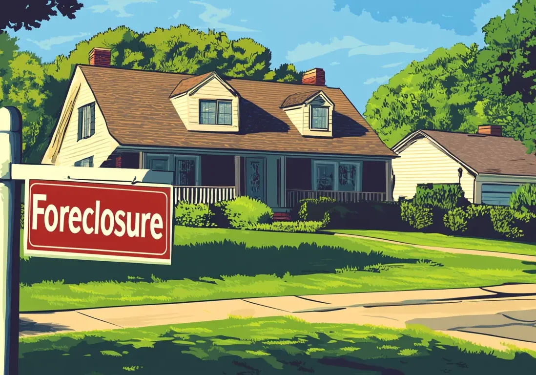 A suburban home listing with a prominent red "Foreclosure" yard sign.