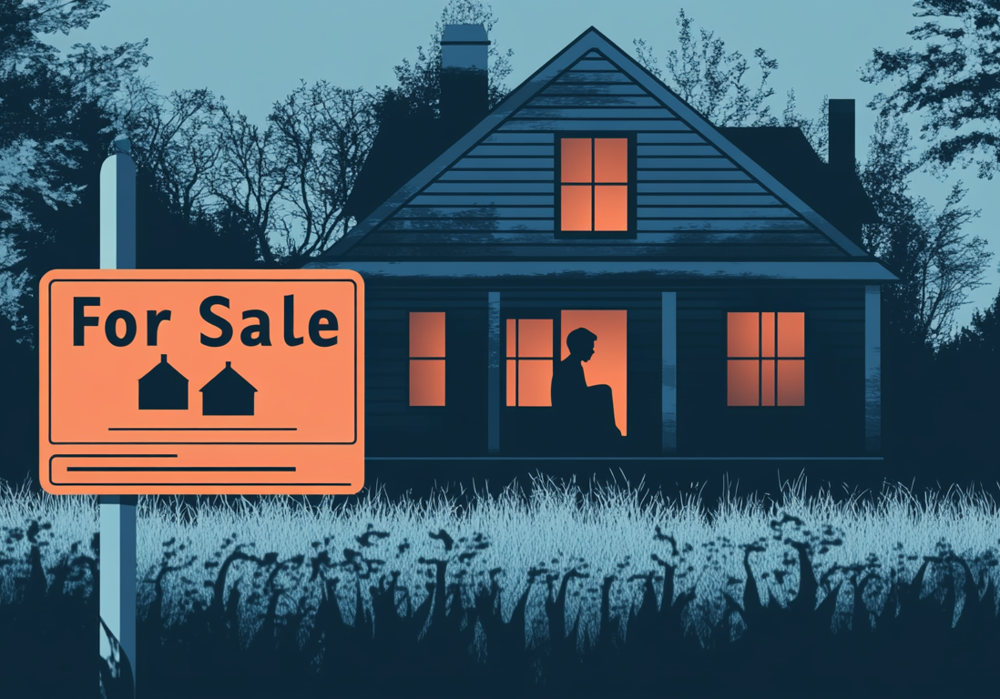 A suburban home illuminated at night with a prominent "For Sale" sign in the yard.