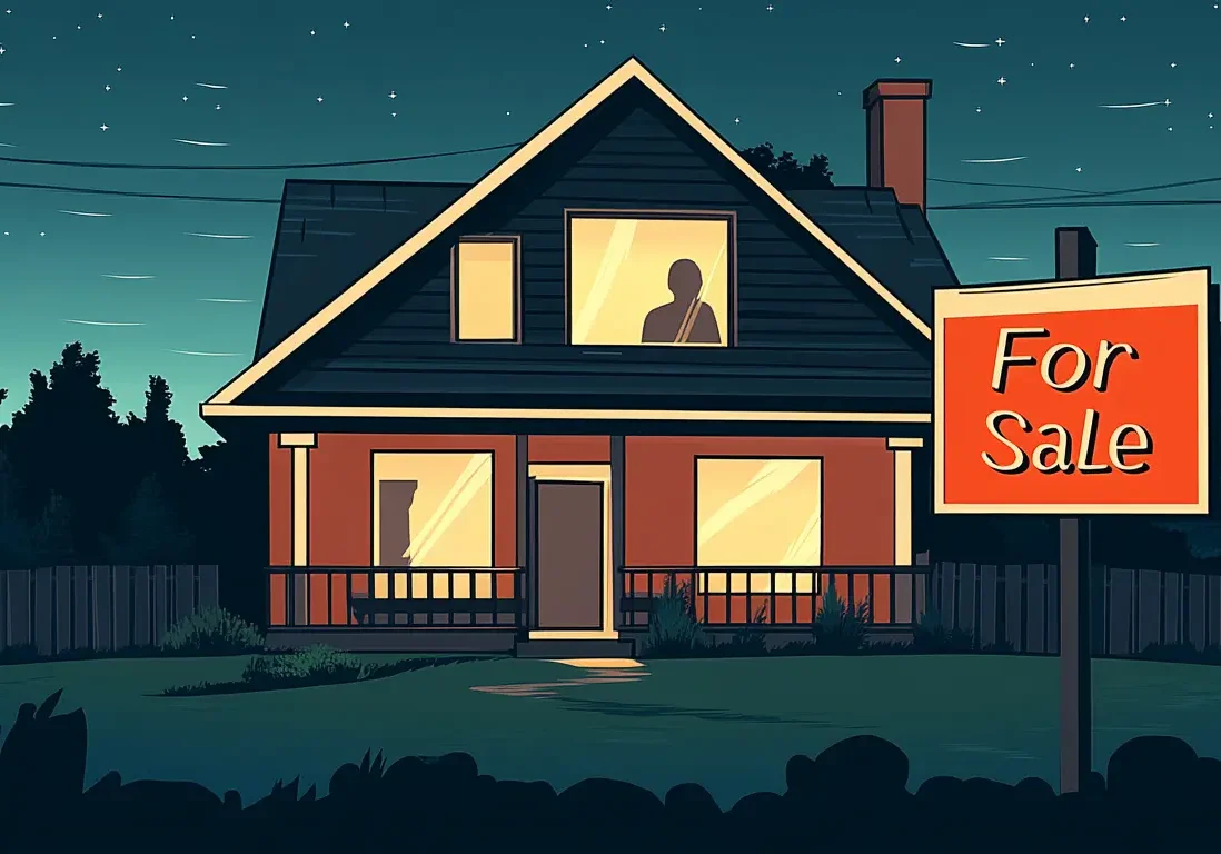 A family home listing with a red "For Sale" sign positioned on a green lawn at twilight.