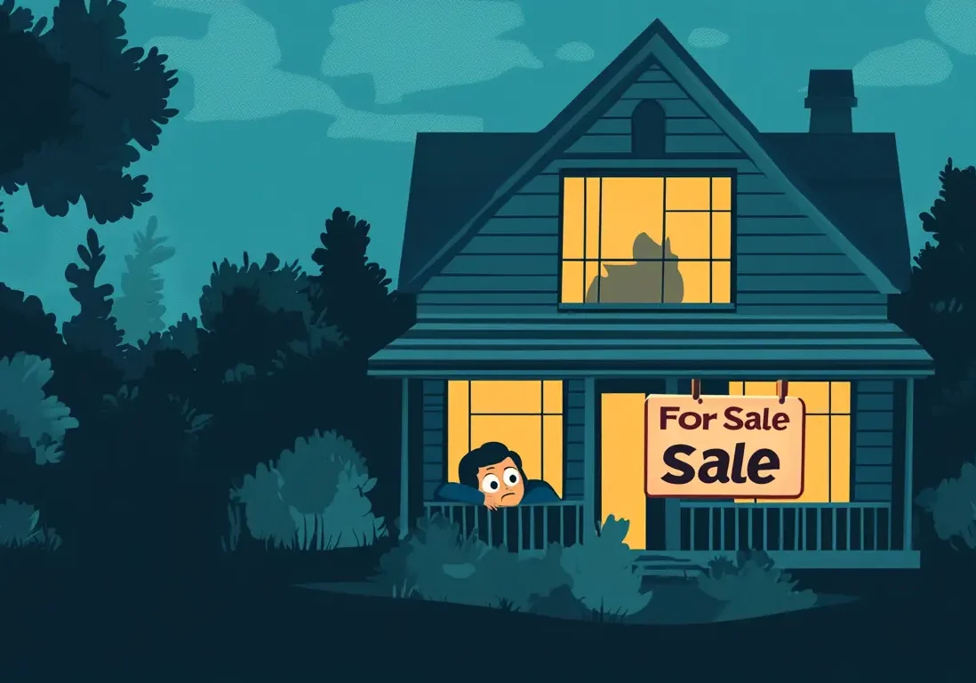 Illustration of a house with glowing windows and a "For Sale" sign under a dark blue green sky.
