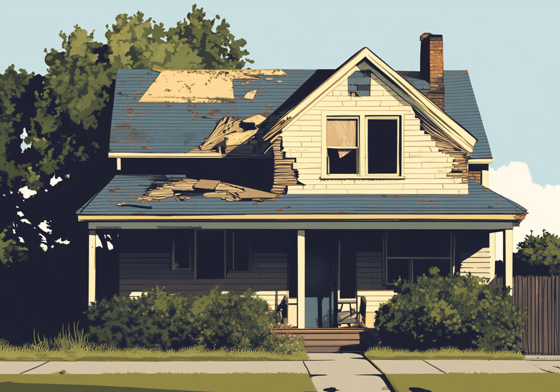 Exterior of an older, weathered house with visible signs of exterior neglect and a damaged roof.