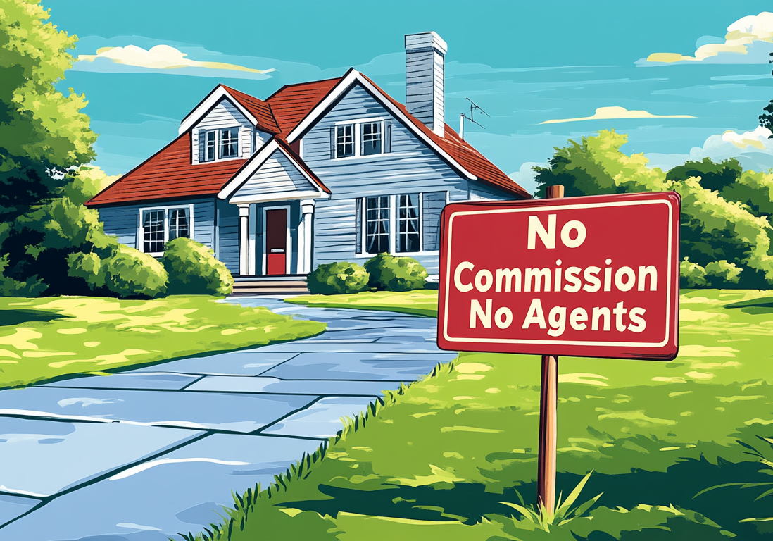 A suburban house listing with a prominent red yard sign stating "No Commissions No Agents."