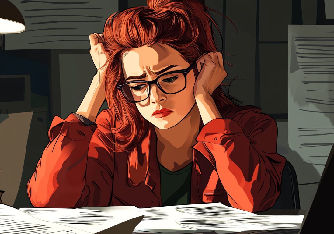 Illustration of a woman at a desk with her head in her hands, surrounded by stacks of files and documents.